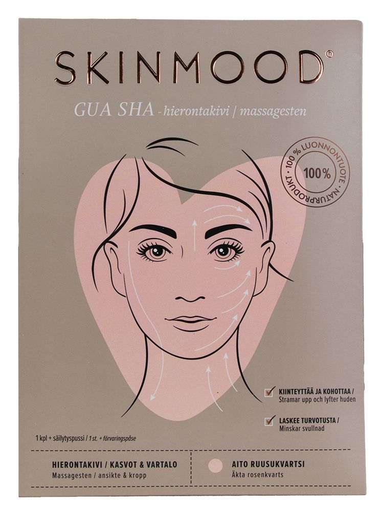 SkinMood Gua Sha Beauty Tool Hierontalasta; vaaleanpunainen laatikko Skinmood Gua Sha -hierontakiveä, kuvituksena naisen kasvot havainnollistamassa hierontasuuntia; teksti suomeksi, ruotsiksi ja englanniksi korostaa työkalun hyötyjä ja käyttöä; laatikko suorakulmainen mattapintaisena selkeällä groteskitekstillä etupuolella; ei ihmisiä tai käsiä tuotetta pitelemässä, tausta pelkistetty ja neutraali, suora edestäpäin otettu kuva.