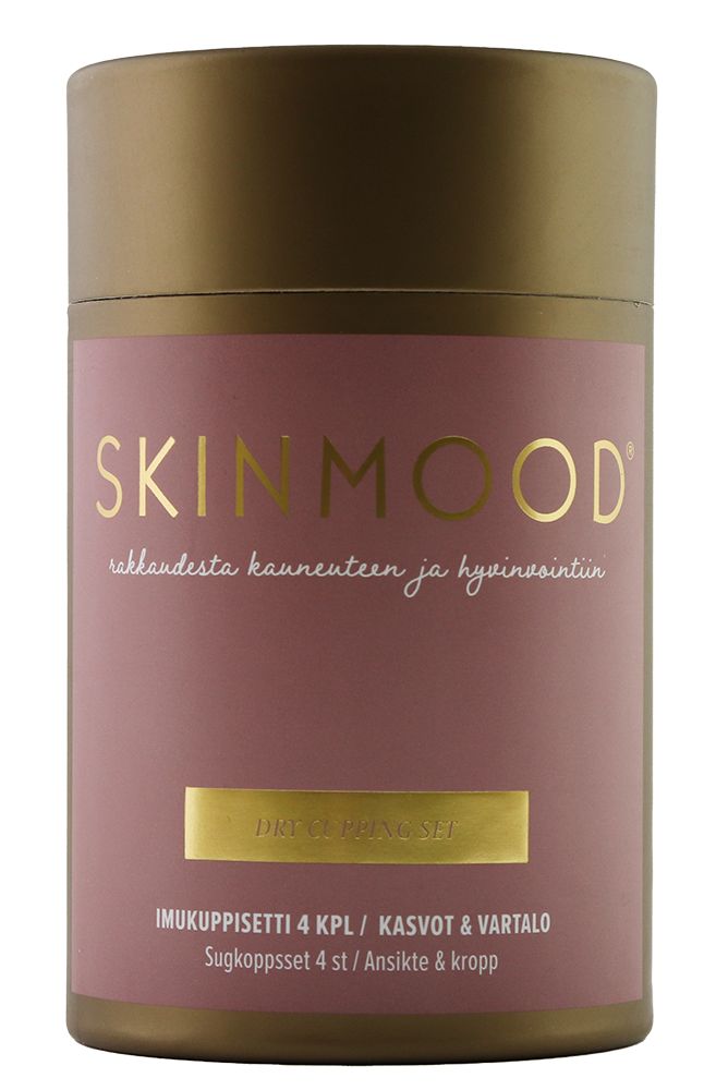 SkinMood Imukuppisarja Kuivakuppaukseen; lieriömäinen astia tekstillä "SKINMOOD", kultainen kansi ja vaaleanpunainen etiketti suomen- ja ruotsinkielisin tekstein; näkyvissä neljä läpikuultavaa silikonikuppia eri kokoisina; etiketti modernia groteskifonttia; kaikilla esineillä sileä, kiiltävä pinta; tausta valkoinen, ei ihmisiä tai käsiä kuvassa.
