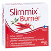 Slimmix Burner: valkoinen rasia Slimmix Burner -ravintolisää punaisella tekstillä, kolme punaista chilinpalkoa ja suomenkielistä tekstiä; rasia sisältää 60 kapselia ja siinä on pieni Suomen lipun symboli oikealla puolella; pakkaus on suorakulmainen mattapinnalla, pääosin valkoinen tausta, lihavoitu punainen groteskikirjasin, ei ihmisiä tai käsiä näkyvissä; kuva otettu neutraalia taustaa vasten tasaisessa valaistuksessa.