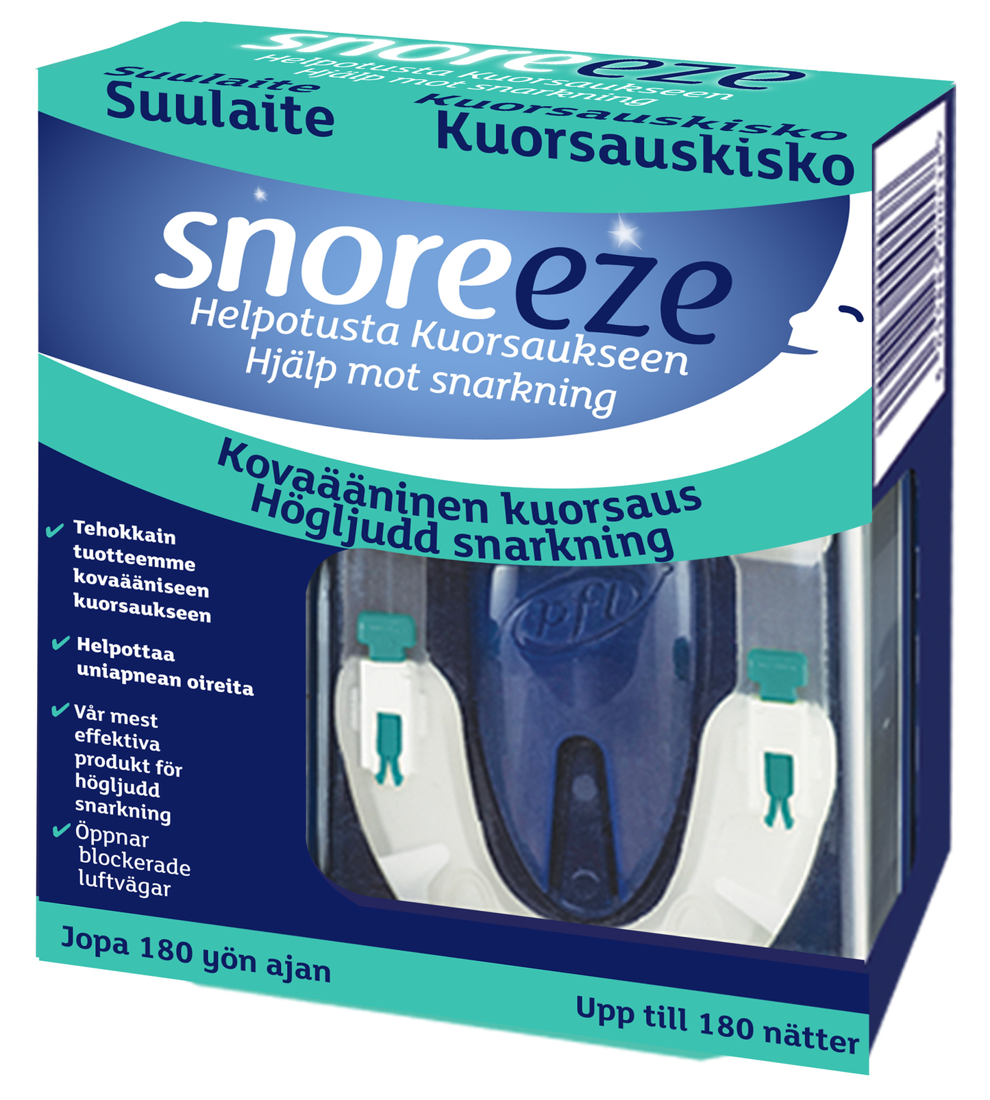 Snoreeze Kuorsauskisko; sininen ja valkoinen Snoreeze-kuorsauksenestosuulakepakkaus suomen- ja ruotsinkielisin tekstein, tuote näkyvissä kirkkaan ikkunan läpi, korostaen tehokasta kuorsauslievitystä jopa 180 yön ajan; suorakulmainen kiiltopintainen kartonkipakkaus, lihavoitu groteskitypografia eri kokoina, sisällä näkyvä tuote läpinäkyvää muovia; ei ihmisiä tai käsiä, pakkaus tasaista taustaa vasten.