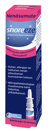 Snoreeze Nenäsumute; vaaleanpunainen ja sininen Snoreeze-nenäsumuterasia suomenkielisellä tekstillä, näyttää suihkepullon, käyttöohjeet ja korostaa hyötyjä nenän tukkoisuuden helpottamiseksi ja yöllisen hengityksen parantamiseksi; rasia kiiltopintainen lihavoidulla groteskitypografialla; sisällä oleva nenäsuihke valkoista muovia kirkkaalla korkilla; tuote ja pakkaus kuvattu valkoista taustaa vasten, ei ihmisiä tai käsiä.