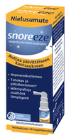 Snoreeze Nielusumute; rasia Snoreeze-kurkkusuihketta suomeksi, korostaen tehokkuutta päivittäisen kuorsauksen lievitykseen; sininen ja keltainen pahvirasia kiiltopinnalla, etupuolella valokuva suihkepullosta; lihavoitu valkoinen groteskikirjasin pääteksissä ja keskeisissä tiedoissa; ei ihmisiä tai käsiä, pakkaus pystyssä tasaista taustaa vasten yksinkertaisessa tuotekuvassa.