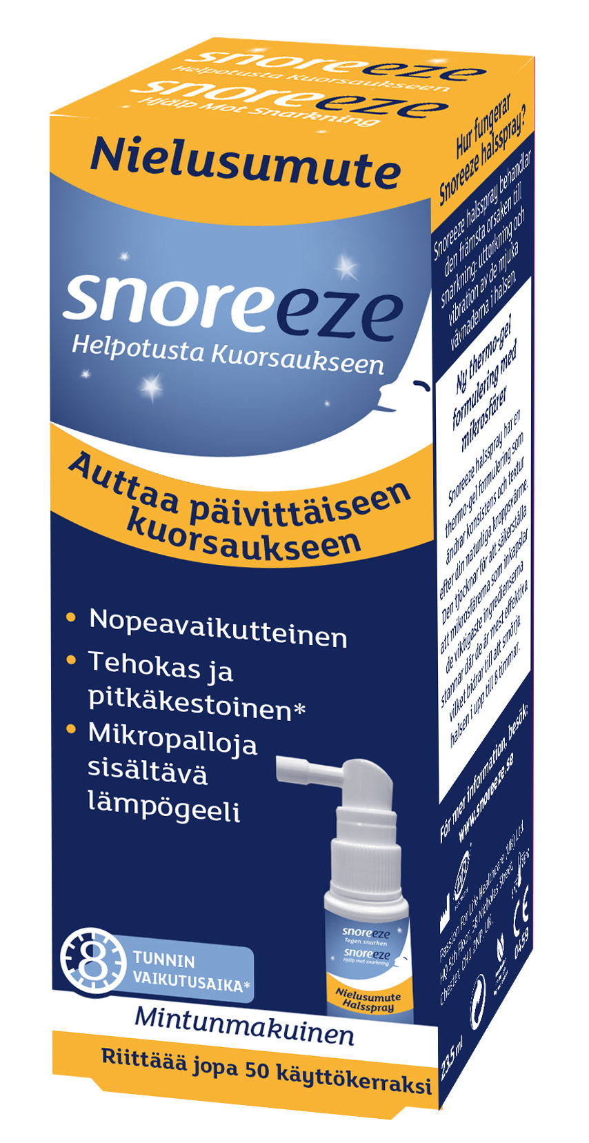 Snoreeze Nielusumute; rasia Snoreeze-kurkkusuihketta suomeksi, korostaen tehokkuutta päivittäisen kuorsauksen lievitykseen; sininen ja keltainen pahvirasia kiiltopinnalla, etupuolella valokuva suihkepullosta; lihavoitu valkoinen groteskikirjasin pääteksissä ja keskeisissä tiedoissa; ei ihmisiä tai käsiä, pakkaus pystyssä tasaista taustaa vasten yksinkertaisessa tuotekuvassa.