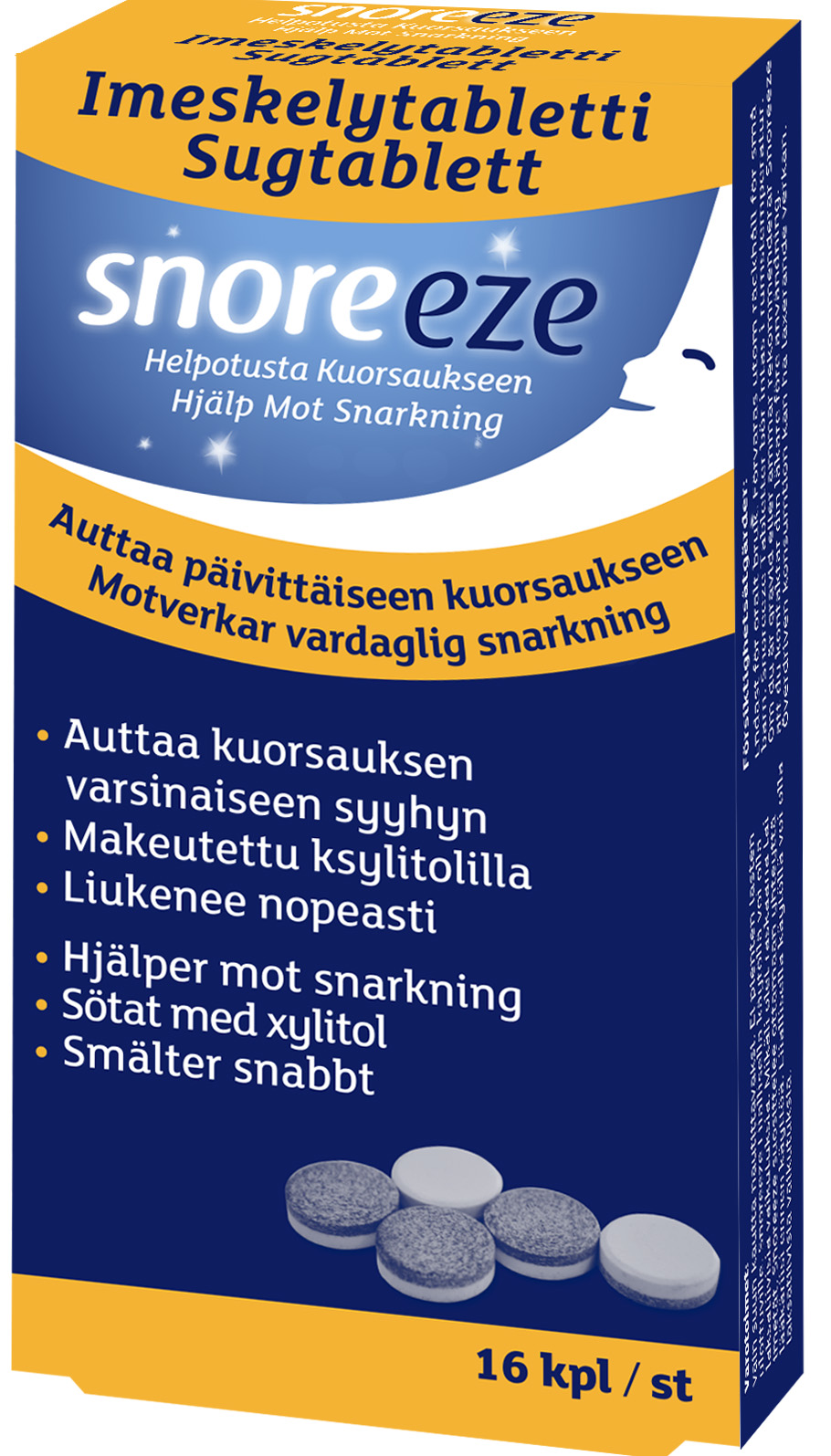 Snoreeze Imeskelytabletti; rasia Snoreeze-imeskelytabletteja suomen- ja ruotsinkielisin merkinnöin, suunniteltu vähentämään päivittäistä kuorsausta; rasia suorakulmainen mattapinnalla sinisissä, valkoisissa ja oranssin sävyissä; neljä pyöreää tablettia näkyvissä etupuolella; pakkaus näyttää tuotehyötyjä groteskikirjasimella; ei ihmisiä tai käsiä, tausta valkoinen, studiokuva.