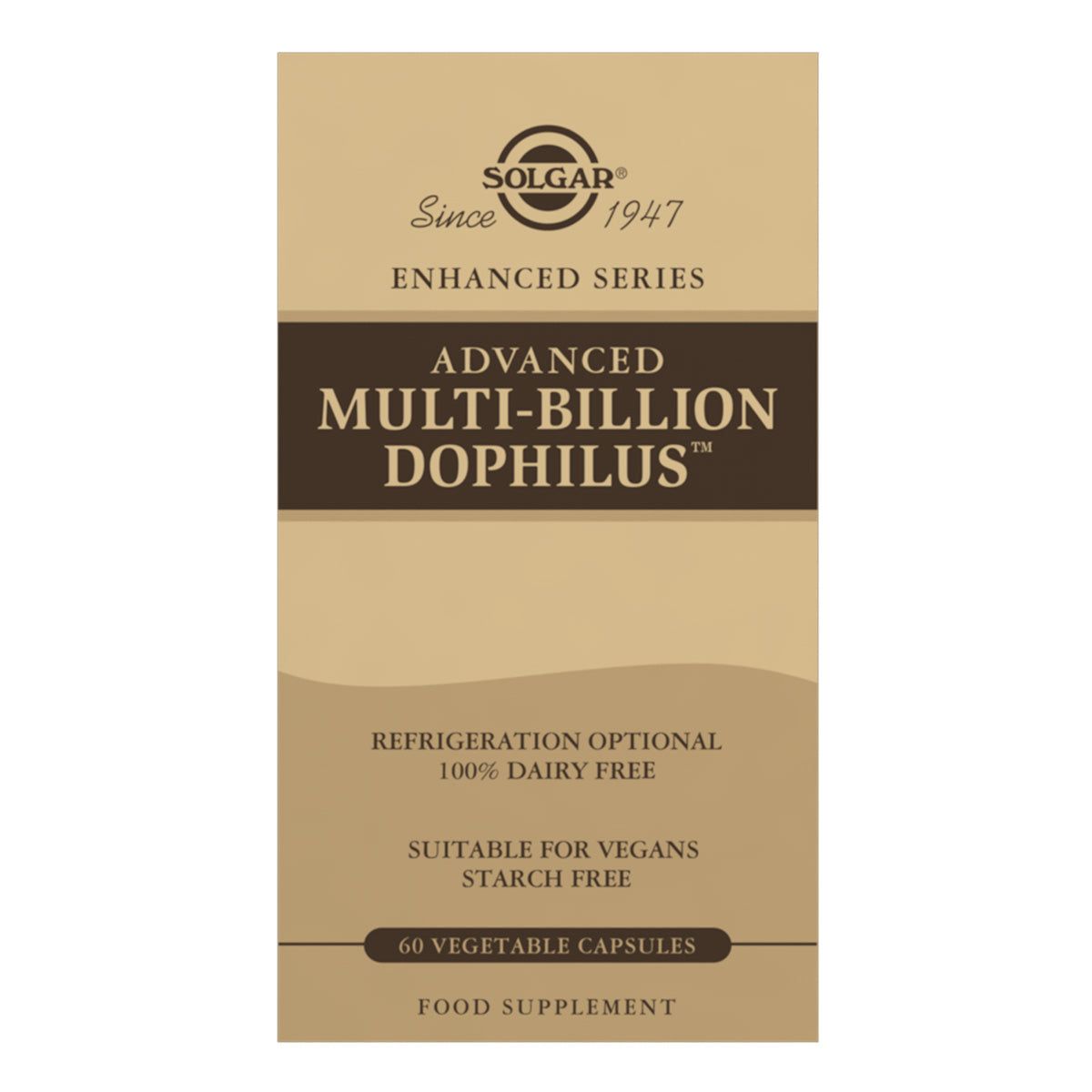 Solgar Advanced Multi-Billion Dophilus -pakkaus, beige-ruskea rasia; 60 kasviskapselia, maidoton probioottivalmiste, kylmäsäilytys valinnainen