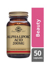 Solgar Alfalipoiinihappo 200 mg -pullo, ruskea lasi, mattapinta, kultainen kierrekorkki; "Beauty" ja "50 capsules" mainittu vieressä, perinteinen musta-kultainen antiikvateksti