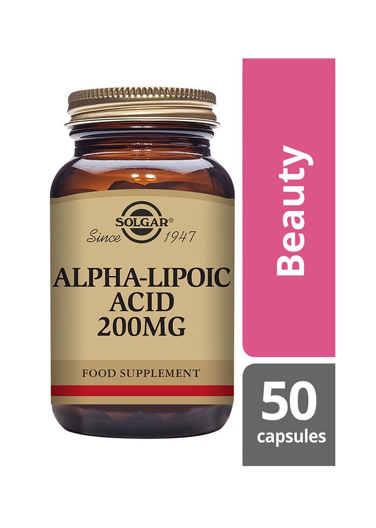Solgar Alfalipoiinihappo 200 mg -pullo, ruskea lasi, mattapinta, kultainen kierrekorkki; "Beauty" ja "50 capsules" mainittu vieressä, perinteinen musta-kultainen antiikvateksti
