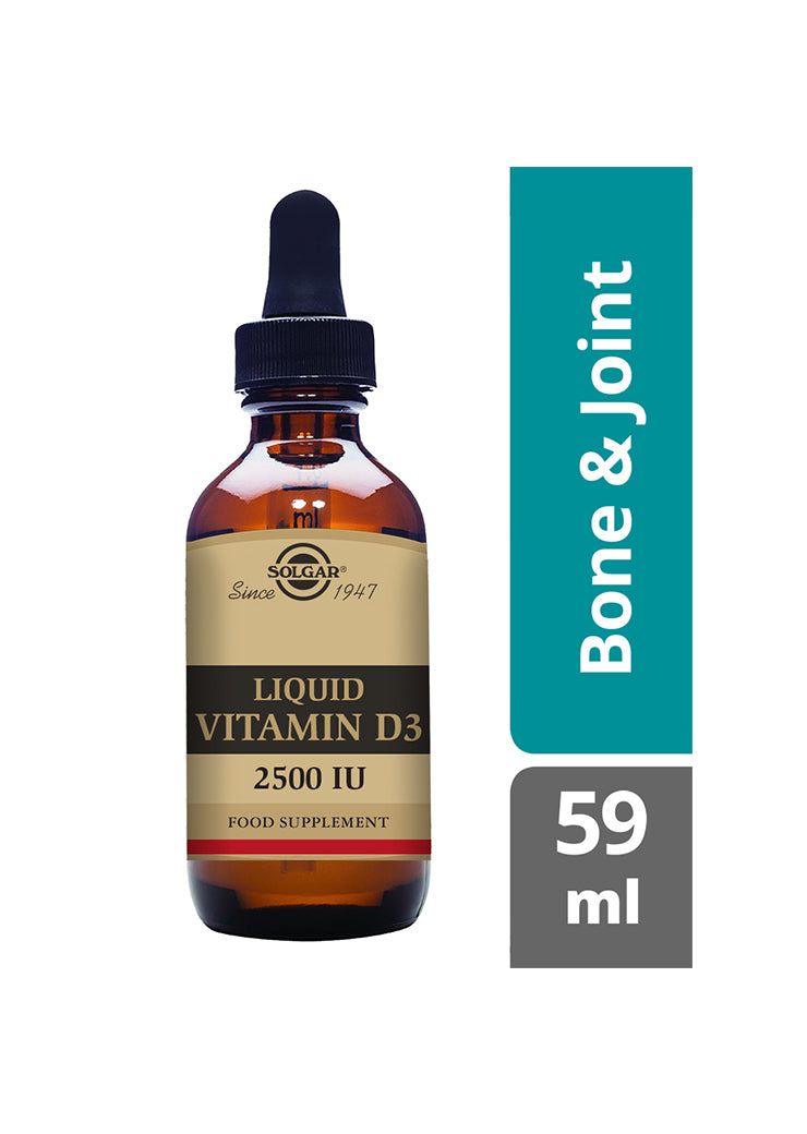 Solgar D3-vitamiini nestemäinen -pullo (2500 IU), ruskea lasi, tippakorkki, kultainen-musta etiketti; turkoosi-harmaa "Bone & Joint" ja "59 ml" -korostus