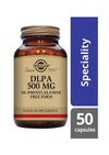Solgar DLPA 500 mg (DL-Fenyylialaniini) -pullo, ruskea lasi, kultainen metallikorkki, valkoinen etiketti musta-kultaisella tekstillä; sininen suorakulmainen paneeli "Speciality" ja "50 capsules"