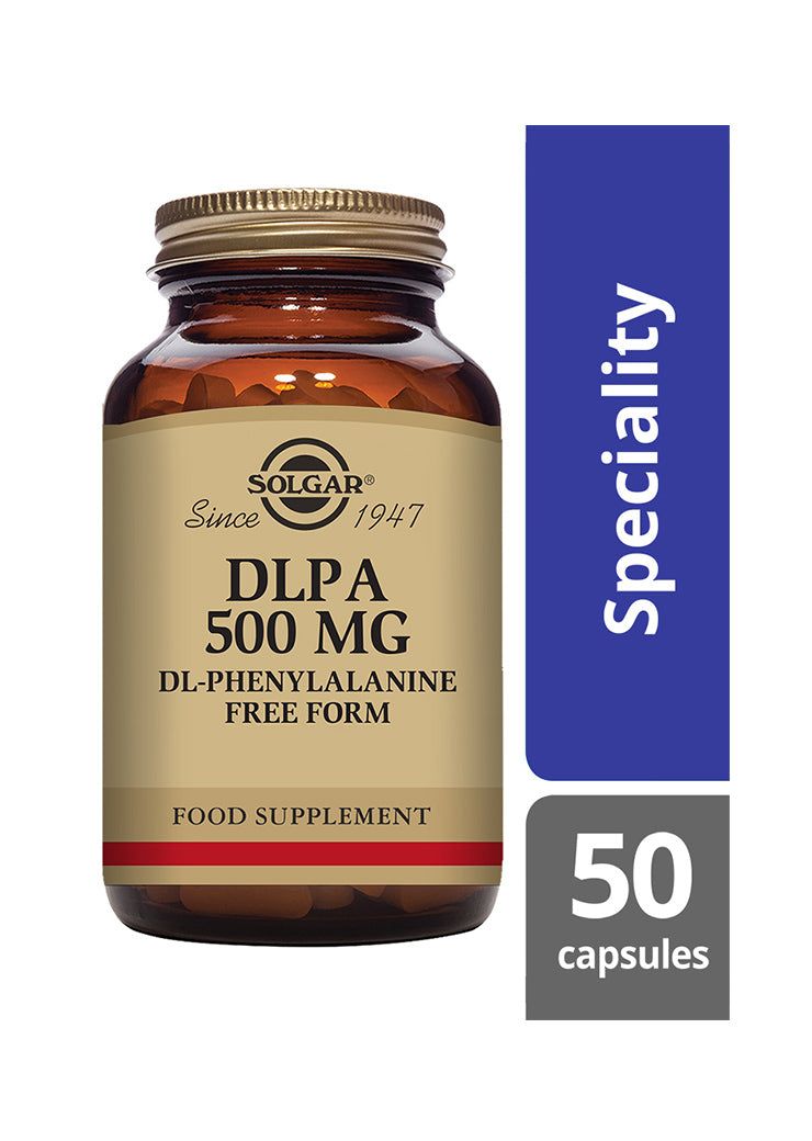 Solgar DLPA 500 mg (DL-Fenyylialaniini) -pullo, ruskea lasi, kultainen metallikorkki, valkoinen etiketti musta-kultaisella tekstillä; sininen suorakulmainen paneeli "Speciality" ja "50 capsules"