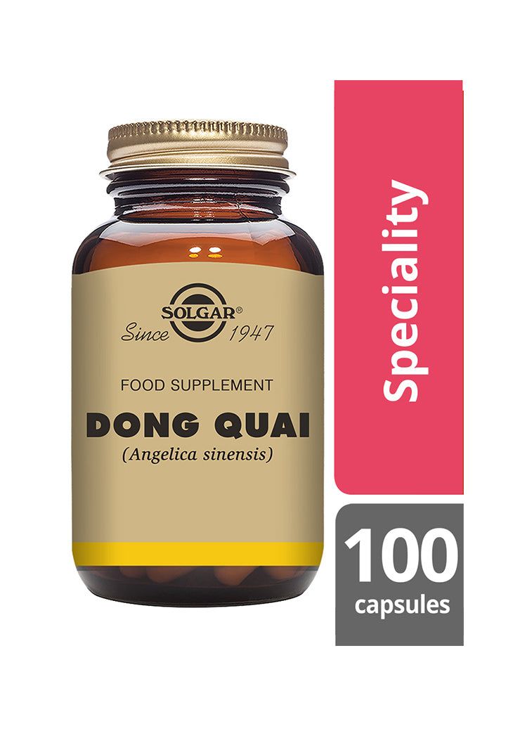 Solgar Dong Quai -pullo, ruskea lasi, matta kultainen kierrekorkki, kulta-ruskea mattaetiketti; pystysuora punainen "Speciality"-nauha oikealla, 100 kapselia, antiikvateksti