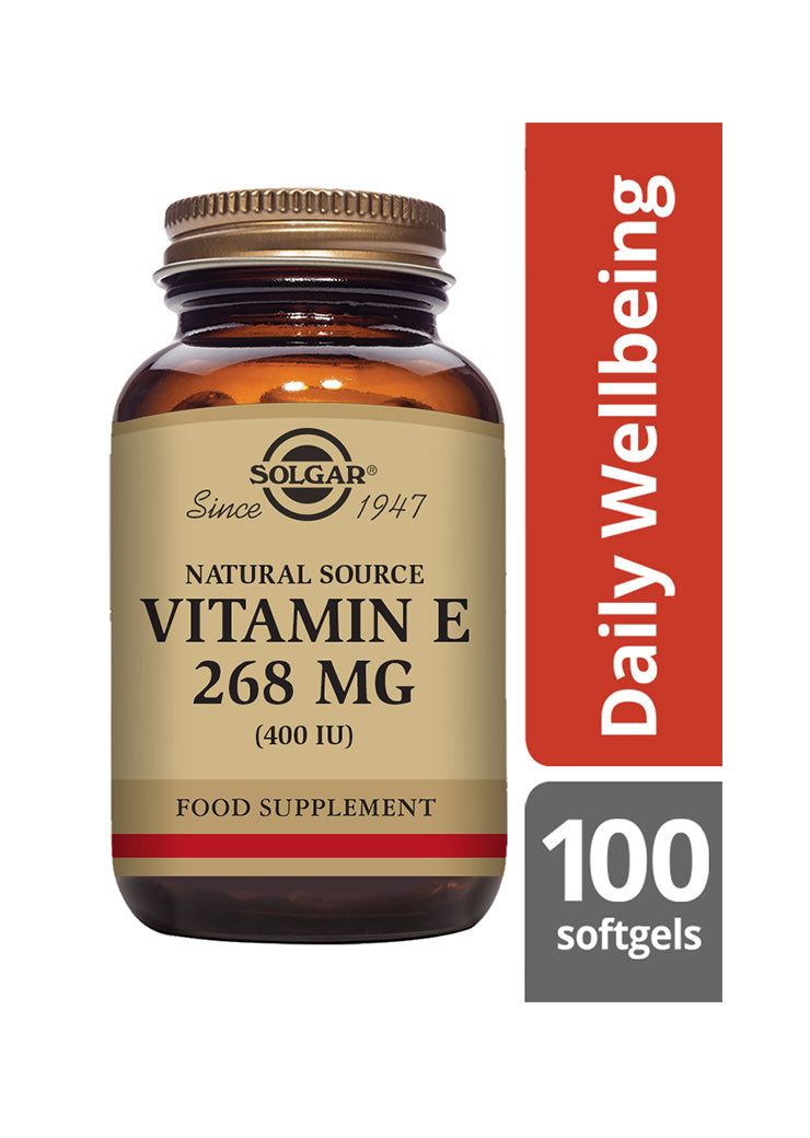Solgar E-vitamiini 268 mg -pullo, tummanmeripihkanvärinen muovipullo kultaisella kierrekorkilla; punainen "Daily Wellbeing"-osio, 100 pehmytkapselia
