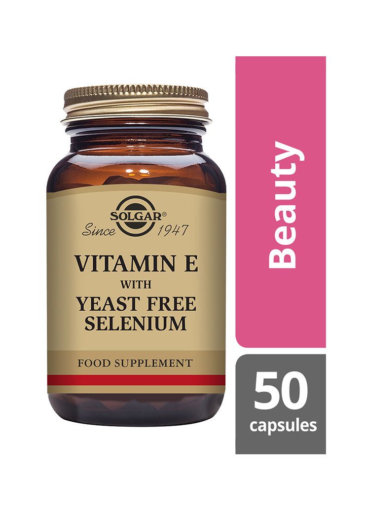 Solgar E-vitamiini + Seleeni -pullo, ruskea kiiltävä lasipullo kultaisella metallikorkilla; pinkki "Beauty"-osio etiketissä, 50 kapselia