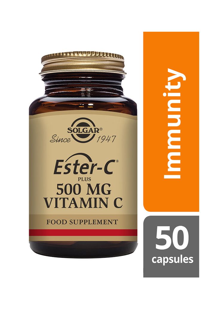 Solgar Ester-C Plus 500 mg -pullo, tummanmeripihkanvärinen lasipullo kultaisella korkilla; 50 kasviskapselia, vastustuskyvyn tueksi