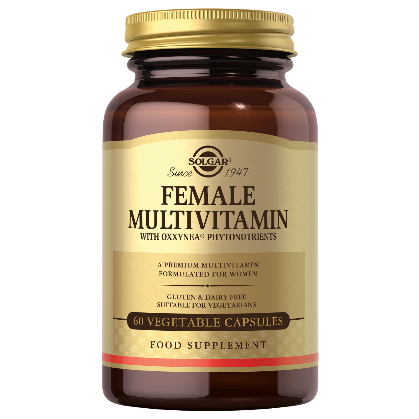 Solgar Female Multivitamin: ruskea Solgar Female Multivitamin -ravintolisäpullo kultaisella etiketillä, sisältää 60 kasvikapselia; etiketti korostaa gluteenittomuutta, maidottomuutta ja erityistä koostumusta naisten terveydelle; teksti on lihavoitua serif- ja groteskikirjasinta mustalla ja valkoisella; pullo on sylinterimäinen mattapinnalla kultaisella korkilla; valkoinen tausta, ei ihmisiä tai käsiä näkyvissä, tuote kuvattu hyvin valaistuna edestäpäin.