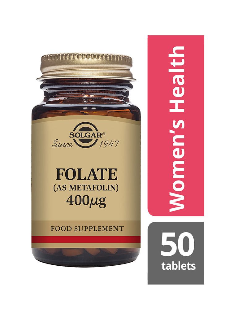 Solgar Folaatti 400 mikrog (Metafoliinina) -pullo, meripihkanvärinen läpinäkyvä lasi, kultainen metallikierrekorkki, mattaruskehtava paperietiketti; naisten terveyden ja hyvinvoinnin tueksi, 50 tablettia, musta groteskiteksti