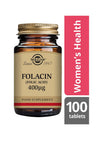 Solgar Foolihappo 400 mikrog -pullo, ruskea lasi, kultainen metallikorkki, mattaetiketti antiikvatekstillä; "Women's Health", "Prenatal Support", "100 Tablets" alakulmassa