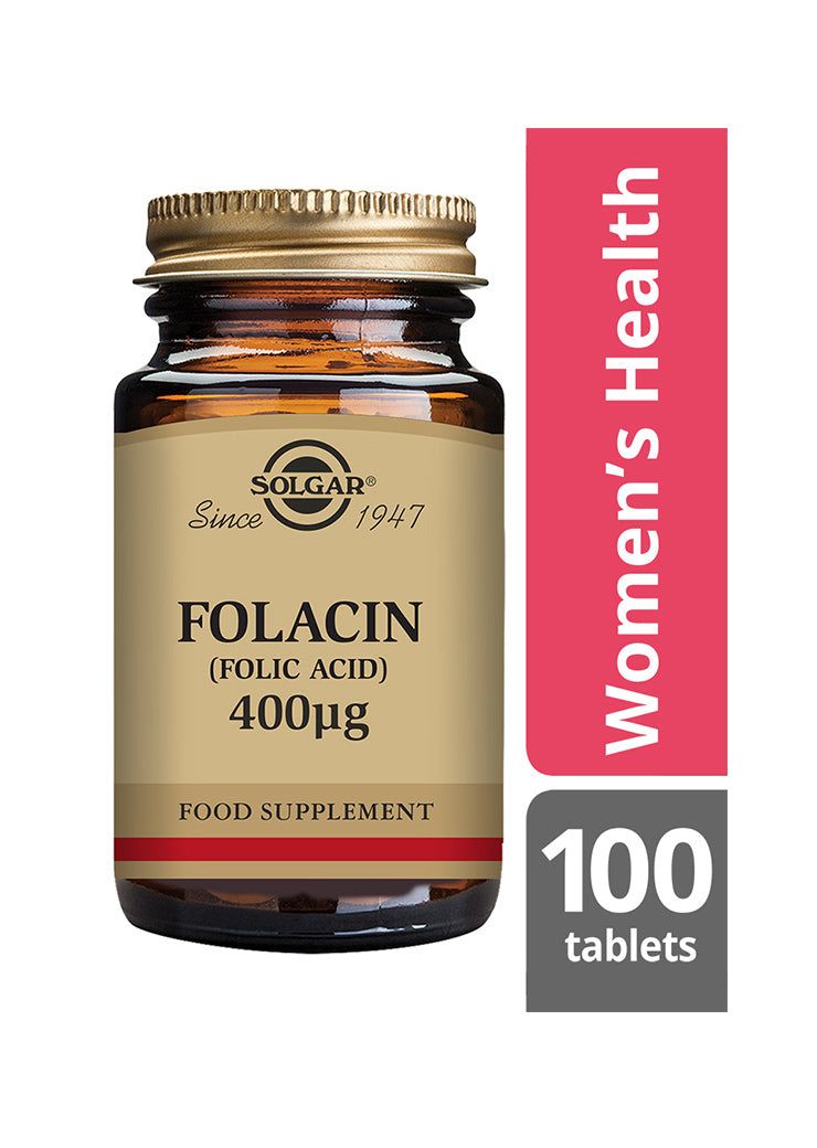 Solgar Foolihappo 400 mikrog -pullo, ruskea lasi, kultainen metallikorkki, mattaetiketti antiikvatekstillä; "Women's Health", "Prenatal Support", "100 Tablets" alakulmassa