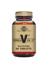 Solgar Formula VM-75 Multivitamiini -pullo, 60 tablettia; kultakorkkinen kiiltävä sylinterinmuotoinen pullo, beige etiketti musta-punaisella tekstillä, Solgar-logo vuodesta 1947