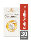 Solgar Full Spectrum Curcumin -pakkaus, mattapintainen pahvirasia, kulta-oranssi väritys, oranssi pyörrekuvio; lihavoitu antiikvateksti, 30 pehmeäkapselia, "Daily Wellbeing", 185-kertainen biosaatavuus