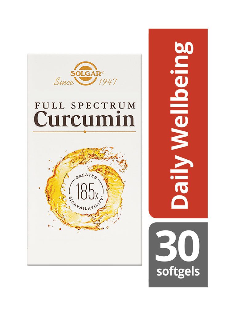Solgar Full Spectrum Curcumin -pakkaus, mattapintainen pahvirasia, kulta-oranssi väritys, oranssi pyörrekuvio; lihavoitu antiikvateksti, 30 pehmeäkapselia, "Daily Wellbeing", 185-kertainen biosaatavuus