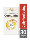 Solgar Full Spectrum Curcumin -pakkaus, mattapintainen pahvirasia, kulta-oranssi väritys, oranssi pyörrekuvio; lihavoitu antiikvateksti, 30 pehmeäkapselia, "Daily Wellbeing", 185-kertainen biosaatavuus