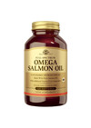 Solgar Full Spectrum Omega Salmon Oil, ruskea pullo lohiöljypehmeäkapseleille kultaisella etiketillä; pullo sylinterimäinen mustalla kierrekorkilla, pinta kiiltävä; antiikva- ja groteskitekstiä mustana painettuna kultaiseen etikettiin selkeästi; etiketissä mainitaan tuotenimi, kalaöljyn lähde, D3-vitamiini, sokeriton/tärkkelyksetön koostumus ja 120 kappaleen määrä; tuote kuvattu yksinkertaista taustaa vasten, ei ihmisiä eikä käsiä näkyvissä.