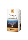 Solgar Full Spectrum Omega Salmon Oil, pakkaus lohiöljyravintolisälle vastuullisesti hankitusta kalasta yhdistettynä D3-vitamiiniin ja astaksantiiniin; 120 pehmeäkapselia, sokerittomia ja tärkkelyksettömiä; suorakulmainen pahvipakkaus kiiltäväpinnalla, ruskea pohjaväri kultaisin korostuksin; "Solgar"-logo antiikvafontilla yläosassa, tuotenimi isoin lihavoiduin kirjaimin alla; teksti mainitsee ainesosat, määrän (120 pehmeäkapselia) ja "sugar & starch free"; ei ihmisiä eikä käsiä näkyvissä.