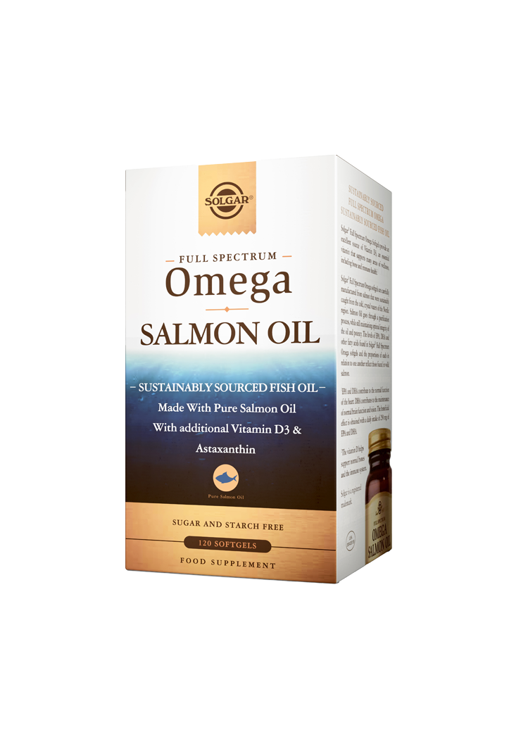 Solgar Full Spectrum Omega Salmon Oil, pakkaus lohiöljyravintolisälle vastuullisesti hankitusta kalasta yhdistettynä D3-vitamiiniin ja astaksantiiniin; 120 pehmeäkapselia, sokerittomia ja tärkkelyksettömiä; suorakulmainen pahvipakkaus kiiltäväpinnalla, ruskea pohjaväri kultaisin korostuksin; "Solgar"-logo antiikvafontilla yläosassa, tuotenimi isoin lihavoiduin kirjaimin alla; teksti mainitsee ainesosat, määrän (120 pehmeäkapselia) ja "sugar & starch free"; ei ihmisiä eikä käsiä näkyvissä.