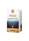 Solgar Full Spectrum Omega Salmon Oil, pakkaus lohiöljyravintolisälle vastuullisesti hankitusta kalasta yhdistettynä D3-vitamiiniin ja astaksantiiniin; 120 pehmeäkapselia, sokerittomia ja tärkkelyksettömiä; suorakulmainen pahvipakkaus kiiltäväpinnalla, ruskea pohjaväri kultaisin korostuksin; "Solgar"-logo antiikvafontilla yläosassa, tuotenimi isoin lihavoiduin kirjaimin alla; teksti mainitsee ainesosat, määrän (120 pehmeäkapselia) ja "sugar & starch free"; ei ihmisiä eikä käsiä näkyvissä.
