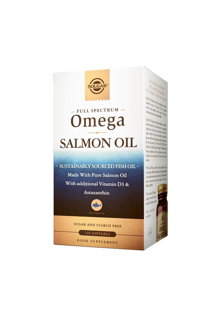 Solgar Full Spectrum Omega Salmon Oil, pakkaus lohiöljyravintolisälle vastuullisesti hankitusta kalasta yhdistettynä D3-vitamiiniin ja astaksantiiniin; 120 pehmeäkapselia, sokerittomia ja tärkkelyksettömiä; suorakulmainen pahvipakkaus kiiltäväpinnalla, ruskea pohjaväri kultaisin korostuksin; "Solgar"-logo antiikvafontilla yläosassa, tuotenimi isoin lihavoiduin kirjaimin alla; teksti mainitsee ainesosat, määrän (120 pehmeäkapselia) ja "sugar & starch free"; ei ihmisiä eikä käsiä näkyvissä.