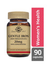 Solgar Gentle Iron -pullo, ruskea lasipullo muovikorkilla; beige-punainen etiketti, 90 kapselia, naisten hyvinvointi ja raudansaanti
