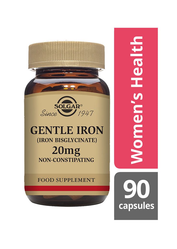 Solgar Gentle Iron -pullo, ruskea lasipullo muovikorkilla; beige-punainen etiketti, 90 kapselia, naisten hyvinvointi ja raudansaanti