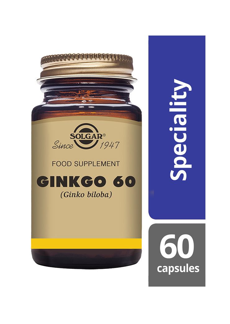 Solgar Ginkgo 60 -pullo, ruskea lasi, kultainen korkki, kiiltäväpinta; kermanvärinen etiketti kultareunuksin, "Ginkgo 60 (Ginkgo biloba)", "Speciality", 60 kapselia