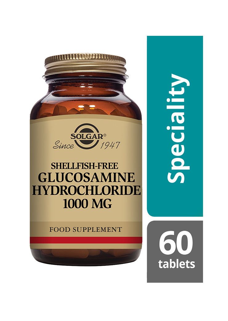 Solgar Glukosamiinihydrokloridi (äyriäisvapaa) 1000 mg -pullo, ruskea lasi, kultainen korkki, beige etiketti punaisella ja mustalla tekstillä; "Speciality", 60 tablettia, kiiltäväpinta