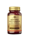 Solgar Griffonia 5-HTP Complex; ruskea pullo ravintolisää kultaisella etiketillä, sisältää 30 kasviskapselia; pakkaus on muovia mattapinnalla ja rihlatulla kultaisella kierrekorkilla; etiketin typografia on lihavoitua serif-tyyliä, esittää tuotenimen ja listatut ainesosat: 5-HTP, rohtovirmajuuri, magnesium, B6-vitamiini; tausta on yksivärinen valkoinen, ei ihmisiä tai käsiä näkyvissä; kuva suoraan edestä.
