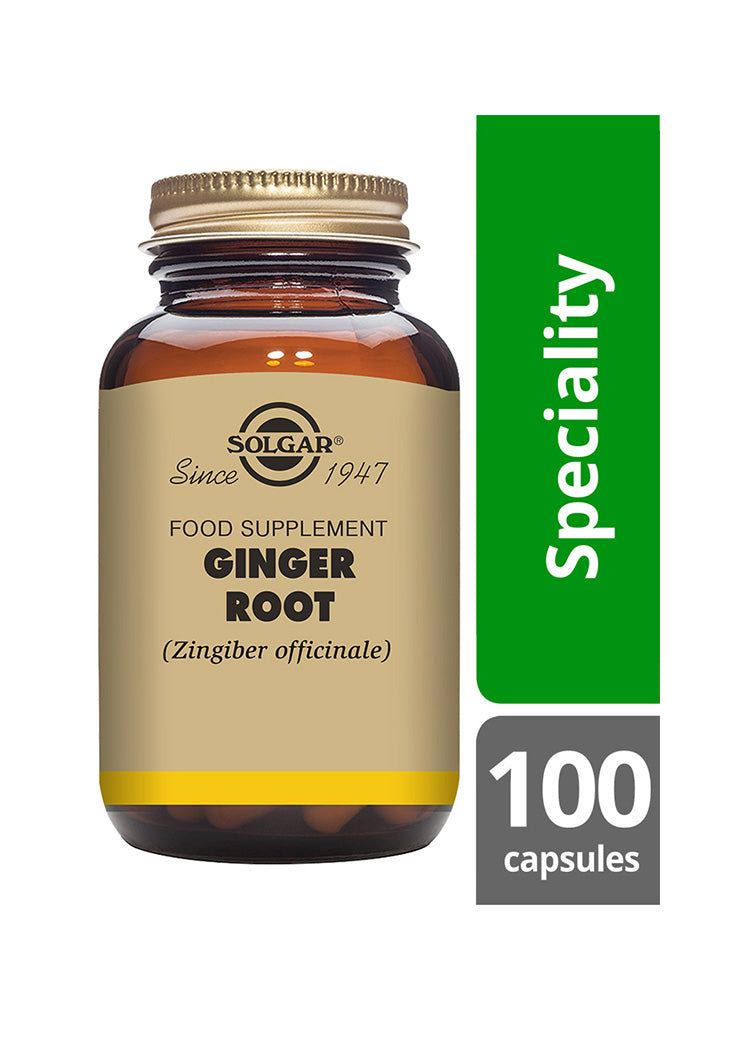 Solgar Inkivääri -pullo, ruskea muovi, kultainen metallikierrekorkki, kiiltäväpinta; vihreä "Speciality"-osio, valkoinen laatikko "100 capsules"