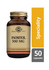 Solgar Inositoli 500 mg -pullo, ruskea lasi, matta kultainen korkki, lihavoitu versaaliantiikvateksti; keltainen paneeli "Speciality", harmaa laatikko "50 capsules"