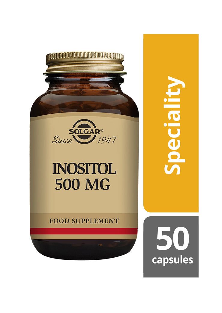 Solgar Inositoli 500 mg -pullo, ruskea lasi, matta kultainen korkki, lihavoitu versaaliantiikvateksti; keltainen paneeli "Speciality", harmaa laatikko "50 capsules"