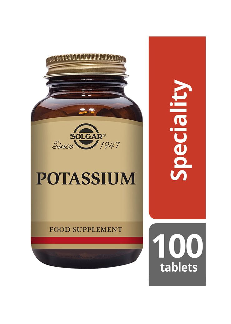 Solgar Kalium -pullo, ruskea lasi, kiiltäväpinta, kultainen kierrekorkki; antiikvateksti, "Speciality" ja "100 tablets" punais-valkoisella pohjalla
