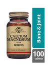 Solgar Kalsium Magnesium + Boori -pullo, ruskea kiiltävä lasipullo kultaisella korkilla; 100 tablettia, luu- ja nivelterveydelle, sisältää boori