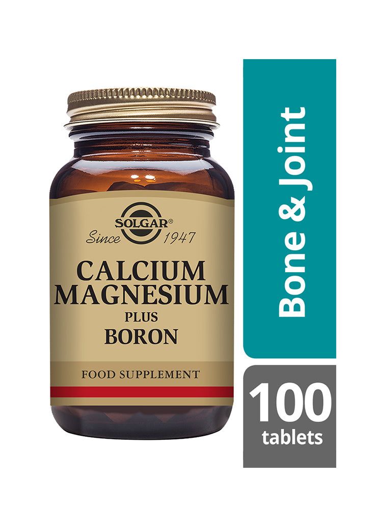 Solgar Kalsium Magnesium + Boori -pullo, ruskea kiiltävä lasipullo kultaisella korkilla; 100 tablettia, luu- ja nivelterveydelle, sisältää boori