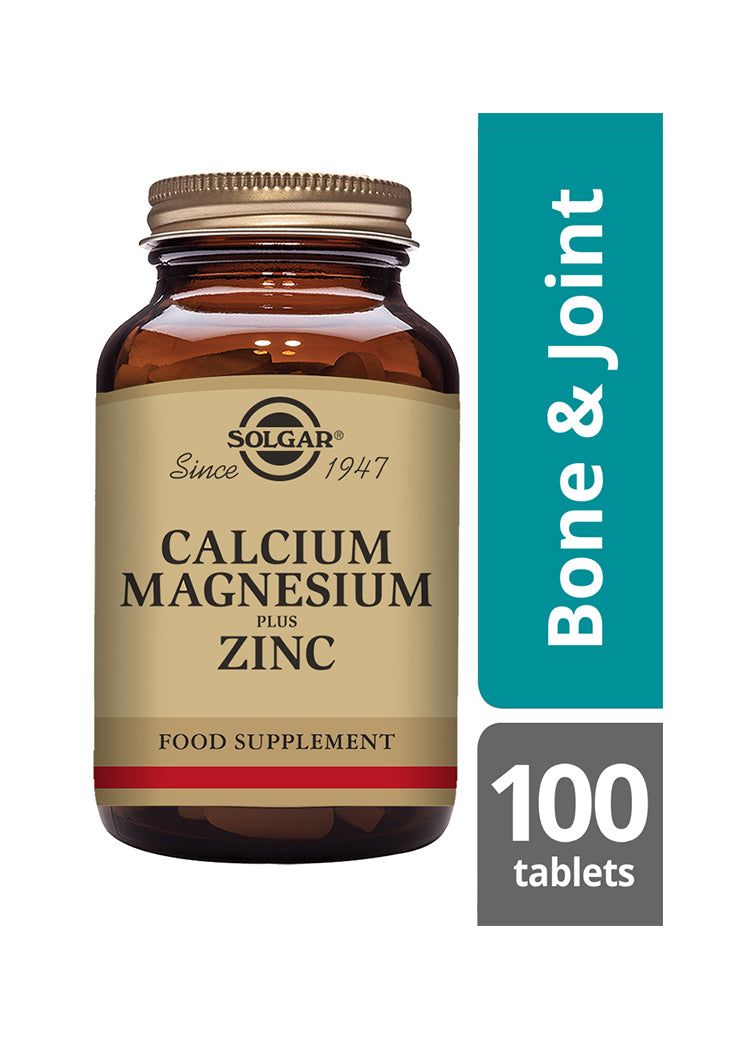 Solgar Kalsium Magnesium + Sinkki -pullo, ruskea lasipullo kultaisella korkilla; kermanvärinen etiketti, 100 tablettia, luu- ja nivelterveydelle