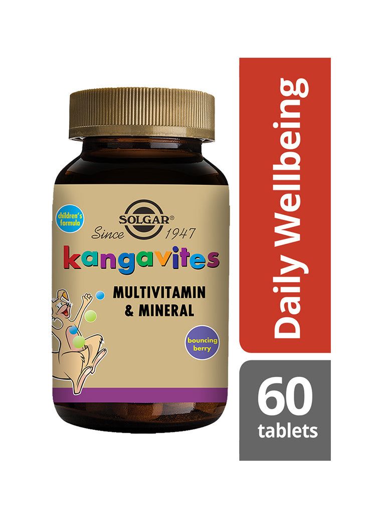 Solgar Kangavites Multivitamiini & Kivennäisaine lapsille, Bouncing Berry, 60 tablettia; ruskea mattapintainen muovipullo kultaisella korkilla, valkoinen etiketti värikkäällä tekstillä ja piirroskuvitetulla hedelmällä, vaaleita pyöreitä tabletteja aseteltuna pullon viereen