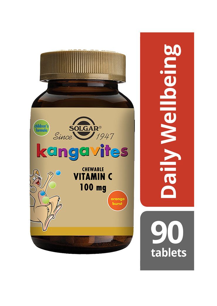 Solgar Kangavites Imeskeltävä C-vitamiini lapsille -pullo, ruskea, kultainen korkki, kenguru-kuvitus; punainen "Daily Wellbeing"-laatikko, 100 mg, appelsiinimaku, 90 tablettia