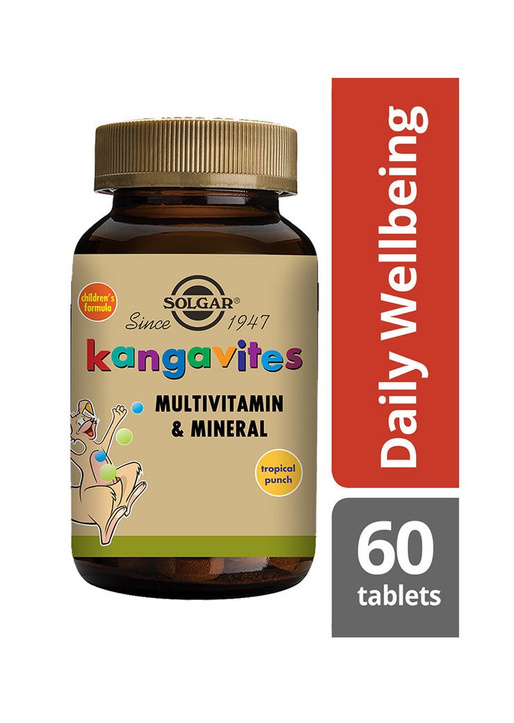Solgar Kangavites Multivitamiini & Kivennäisaine lapsille, Tropical Punch, 60 tablettia; ruskea mattapintainen muovipullo kultaisella korkilla, keltainen-valkoinen etiketti tummansinisellä ja punaisella groteskitekstillä, iloinen kengurukuvitus