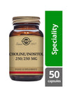 Solgar Koliini Inositoli 250/250 mg -pullo, ruskea lasi, kultainen muovikierrekorkki; vihreä-harmaa "Specialty"-nauha, 50 kapselia, musta antiikva- ja groteskiteksti mattapaperietiketissä