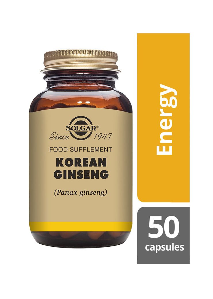 Solgar Korean Ginseng -pullo, ruskea muovi, mattapinta, metallinen kultainen kierrekorkki; "Energy", 50 kapselia harmaalla pohjalla, versaaliantiikvateksti