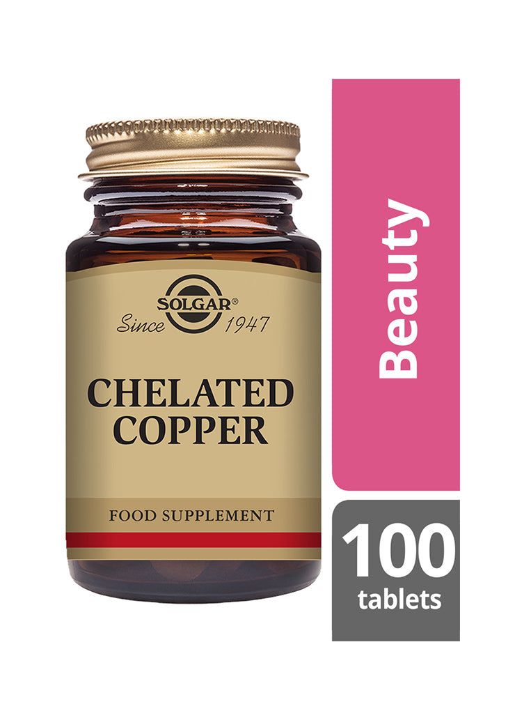 Solgar Kuparikelaatti -pullo, tumma, kiiltäväpinta, kultainen kierrekorkki; vaaleanpunainen "Beauty"-etiketti oikealla, valkoinen teksti "100 tablets" alareunassa