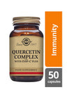 Solgar Kversetiini Complex Ester-C Plus -pullo, 50 kapselia; ruskea kiiltävä lasipullo kultaisella korkilla, serifitekstiä etiketissä, vieressä oranssi "Immunity"-banneri